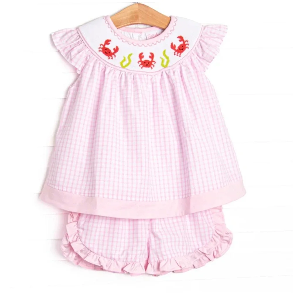 Stitchy Fish Girl Pink Gingham Smocked Crab Bishop Top & Bloomer Set 3T Nautical